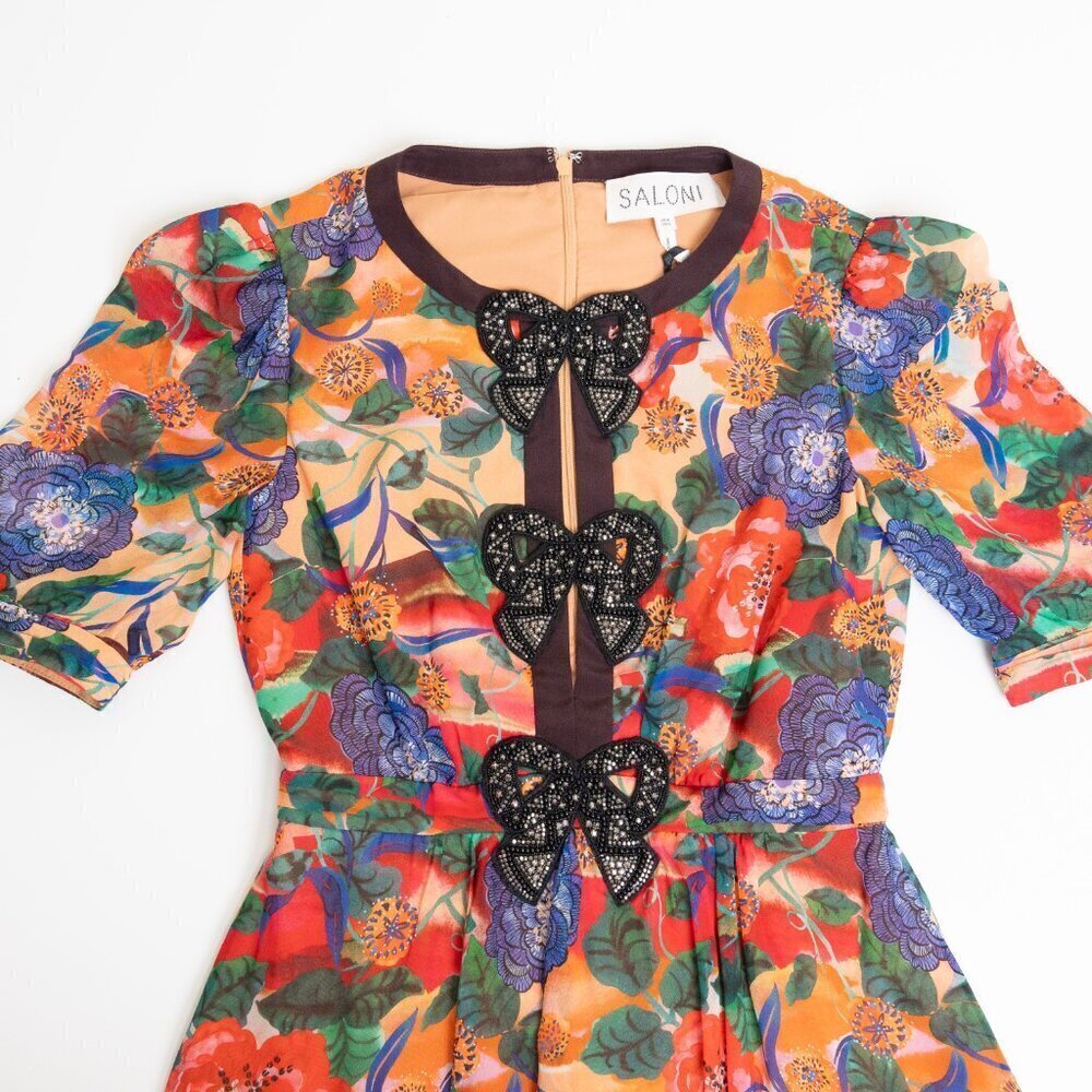 Saloni Jamie Short Dress 100% Silk Floral Beaded Bow Size 0 / XS - Picture 4 of 15